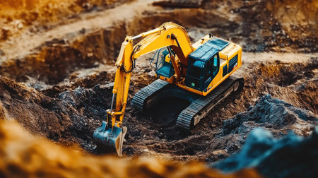 Bright yellow excavator at a construction site, actively digging and moving materials, emphasizing industrial efficiencyの素材