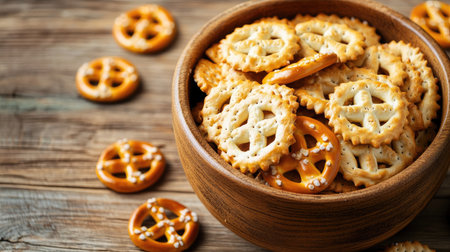 Wooden bowl with saltine crackers and small pretzels on a rough wooden table. Oktoberfest theme, white background, copy spaceの素材