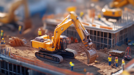 Construction site scene featuring a yellow excavator in operation, with workers and equipment contributing to site progressの素材