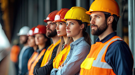Engineers from different backgrounds in safety gear, standing in formation on a train garage site, symbolizing effective teamworkの素材