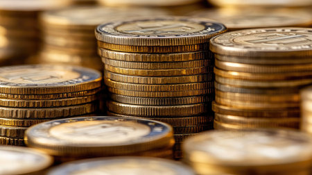 Different stacks of Euro coins arranged artistically, focusing on their shiny surfaces and intricate designs.の素材