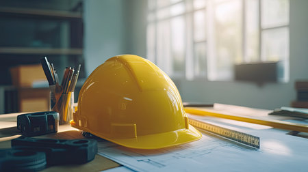 Close-up of a yellow safety helmet alongside construction blueprints, measuring tools, and a tape measure on a work tableの素材