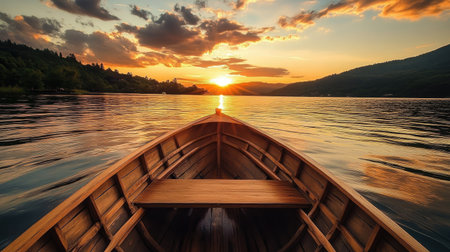 Open cabin boat with a stunning sunset view, providing a peaceful and serene journey over the water.の素材