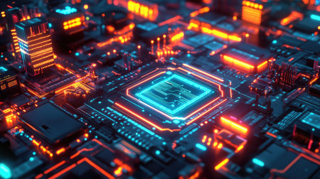 Abstract geometric shapes and patterns with digital circuits and glowing elementsの素材