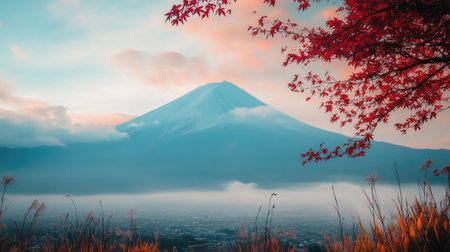 Mountain Fuji in the distance with a colorful autumn foreground, featuring red leaves and gentle morning fog for a tranquil viewの素材