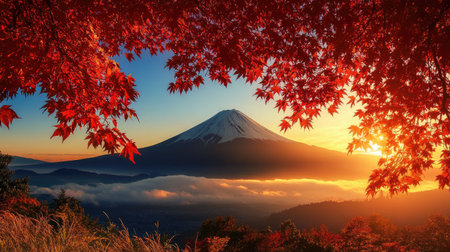 Scenic view of Mountain Fuji surrounded by autumn colors and morning mist, highlighting the beauty of red leaves in fallの素材