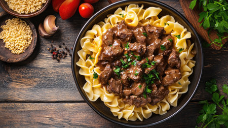 Overhead view of a hearty and flavorful beef stroganoff with noodlesの素材