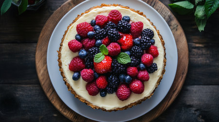 Top view of a creamy and decadent cheesecake topped with fresh fruitの素材