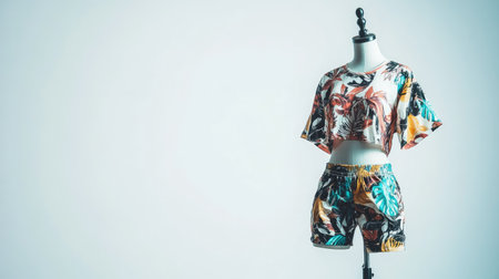 Stylish graphic tee and shorts beachwear outfit displayed on a dress form with a clean white backdropの素材