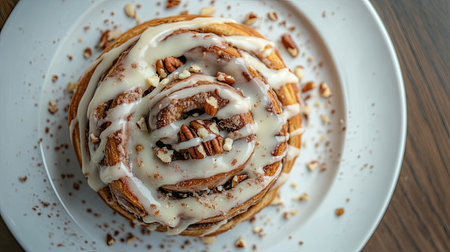 Top view of a decadent cinnamon roll drizzled with icing and sprinkled with nutsの素材