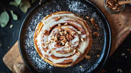 Top view of a decadent cinnamon roll drizzled with icing and sprinkled with nutsの素材