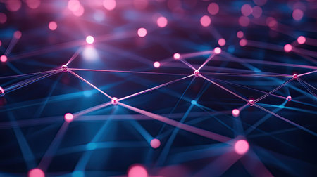 Overhead view of a sleek abstract tech background with interconnected network nodesの素材