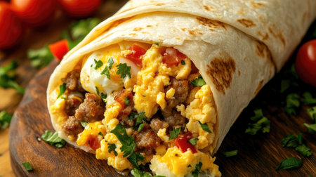 Top view of a scrumptious breakfast burrito filled with eggs, sausage, and cheeseの素材