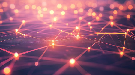 Top view of a digital communication network with interconnected nodes and abstract elementsの素材