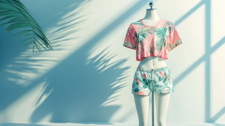 Stylish graphic tee and shorts beachwear outfit displayed on a dress form with a clean white backdropの素材