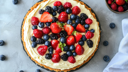 Top view of a creamy and decadent cheesecake topped with fresh fruitの素材