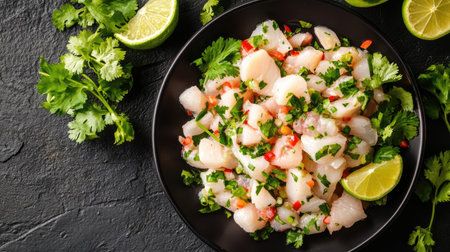 Top view of a fresh and tangy ceviche with lime and cilantroの素材