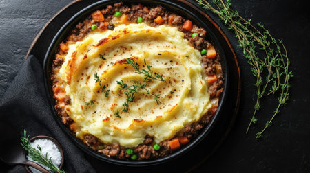 Top view of a hearty and savory shepherd pie with mashed potatoesの素材