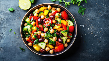 Top view of a vibrant and fresh Mediterranean salad with chickpeas and olivesの素材