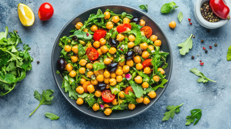 Top view of a vibrant and fresh Mediterranean salad with chickpeas and olivesの素材