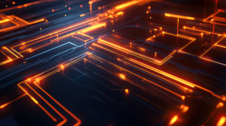 Top view of a sleek technology background with glowing lines and abstract patternsの素材