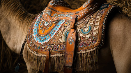 Beautifully decorated camel saddle, symbolizing Dubai heritage. Copy spaceの素材