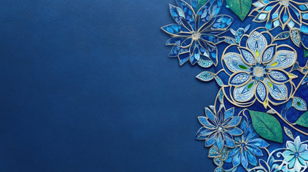 Ceramic tiles with intricate floral designs in blue and green. Copy spaceの素材