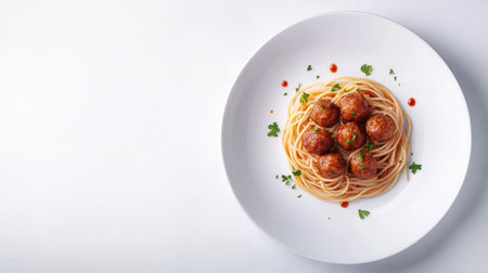 Classic spaghetti with meatballs, sprinkled with parsley, on a clean white plate. Copy spaceの素材