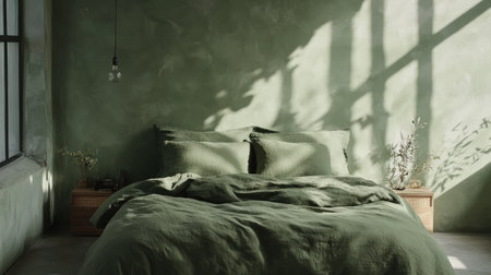 Bed with deep green duvet and stylish pillows in an airy bedroom. Copy spaceの素材