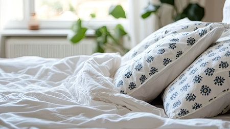 Bed with white linens and a patterned duvet in a light-filled bedroom. Copy spaceの素材