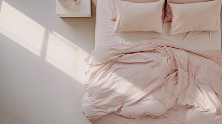 Bed with soft pastel bedding, top view of modern bedroom decor. Copy spaceの素材