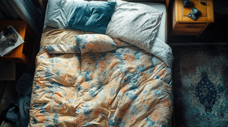 Bed with a soft quilt and pillows, top view of a modern bedroom. Copy spaceの素材