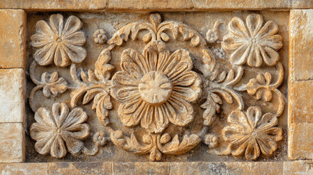 Close-up of carved stonework on a historic building, spacious background for text.の素材