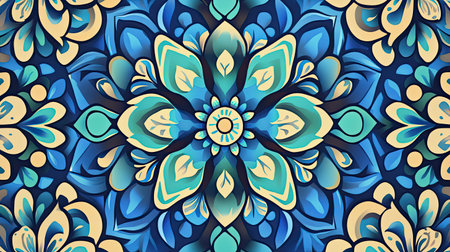 Ceramic tiles with intricate floral designs in blue and green. Copy spaceの素材