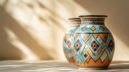 Classic pottery with hand-painted geometric motifs. Copy spaceの素材