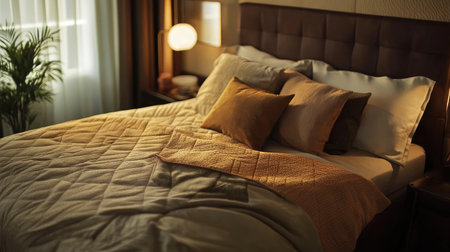 Bed with soft quilt, throw pillows, and modern bedside decor. Copy spaceの素材