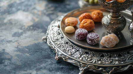 Close-up of Arabic sweets on a traditional silver tray. Copy spaceの素材