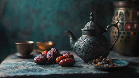 Close-up of Arabian dates and Arabic teapot. Copy spaceの素材