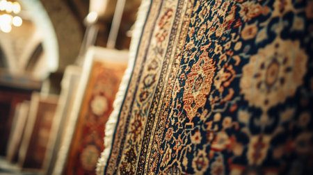 Close-up of Arabian carpet patterns displayed at a Dubai souk. Copy spaceの素材
