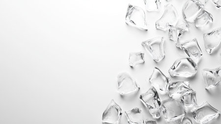 Clear ice arranged in a scattered pattern on a smooth, clean background. Copy spaceの素材