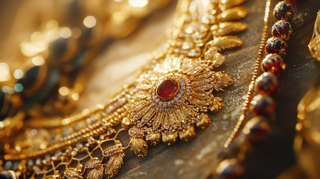 Cultural display of Emirati jewelry with intricate gold designs. Copy spaceの素材