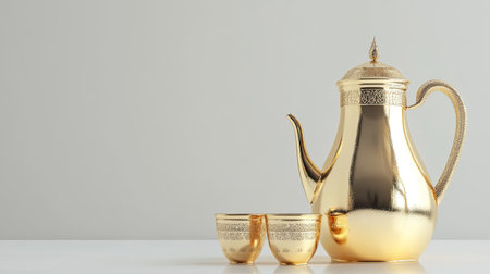 Close-up of golden dallah coffee pot with Emirati cups. Copy spaceの素材