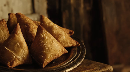 Close-up of golden-brown wheat-flour samosas on a platter. Copy spaceの素材