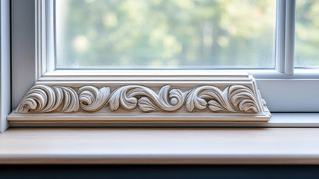Close-up of window trim with ornate details, ample background for text.の素材