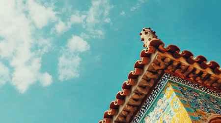 Colorful tiled roof with architectural patterns, ample sky space for copyの素材