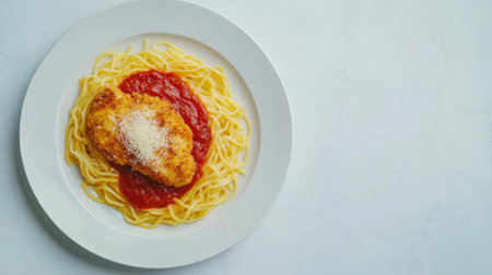 Crispy chicken parmesan with a side of pasta on a white plate, tomato sauce spread evenly, on a clean background. Copy spaceの素材