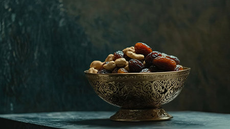 Dates and nuts elegantly arranged in a traditional bowl. Copy spaceの素材