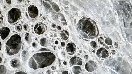 Close-up top view of ice with air bubbles frozen inside, creating unique textures. Copy spaceの素材