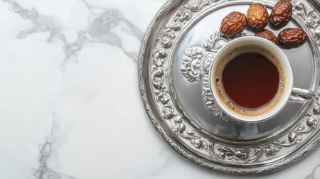 Dates and Arabic coffee on a silver tray, a Dubai tradition. Copy spaceの素材