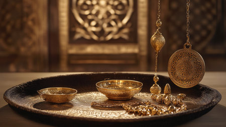 Cultural display of Emirati jewelry with intricate gold designs. Copy spaceの素材